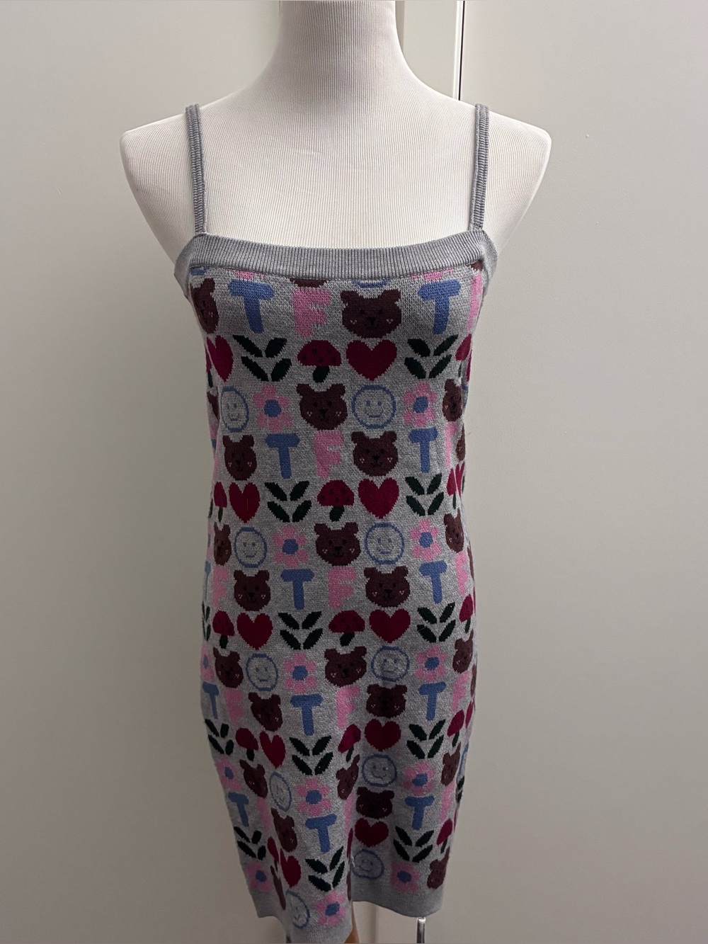 Teddy Fresh Medium Mini Dress Knit Bear Mushroom Heart Gray‎ Whimsical Retro